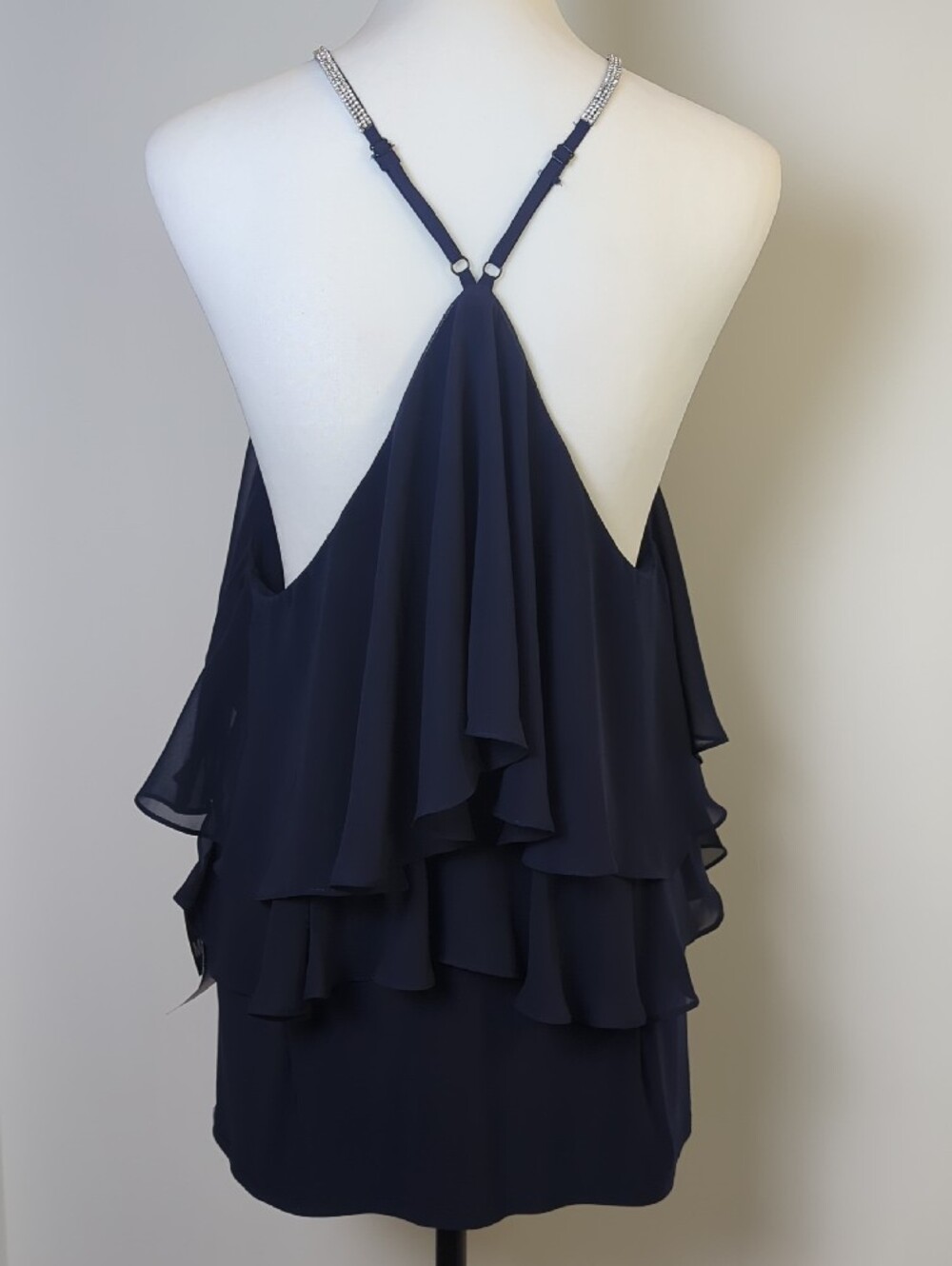 NWT MSK Navy Blue Rhinestone Halter Tiered Chiffon Top Rosette Blouse XL - Picture 2 of 15